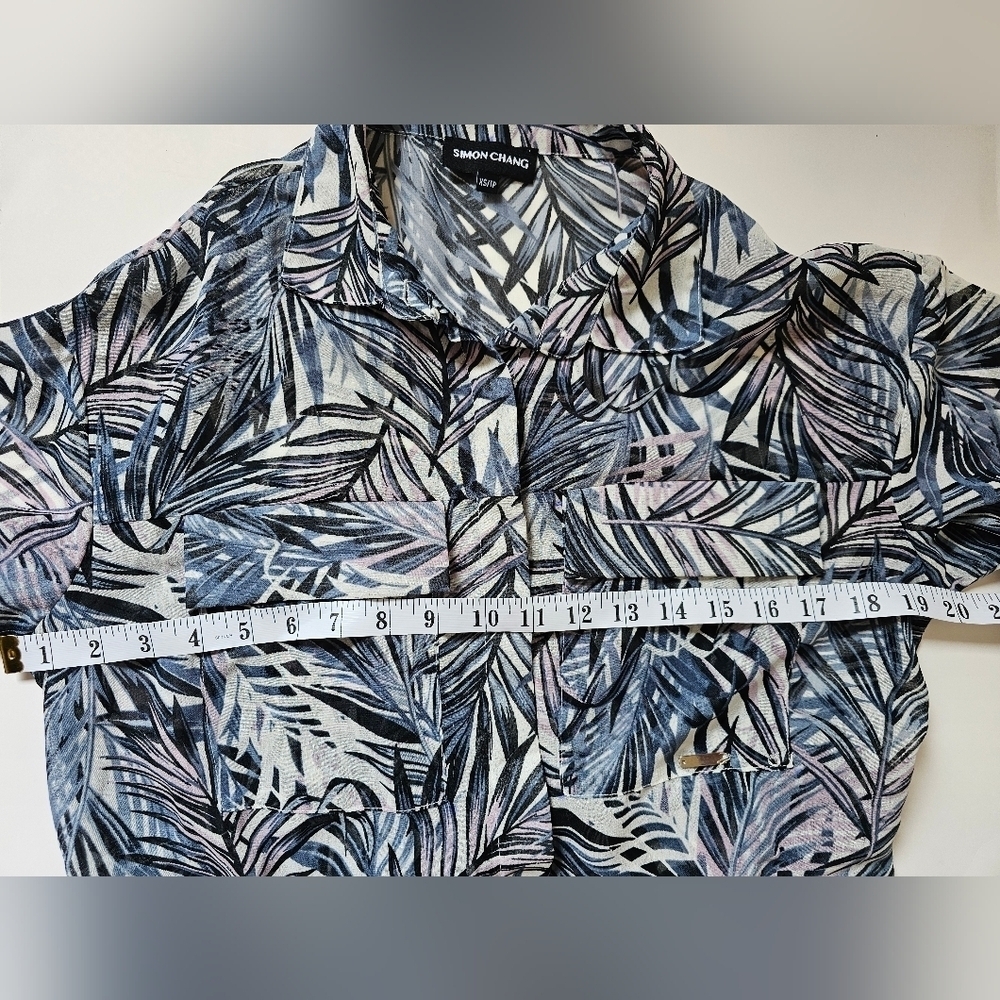 Simon Chang Xs Leaf Print Sheer Blouse Long Sleeve Button Up - Picture 4 of 6